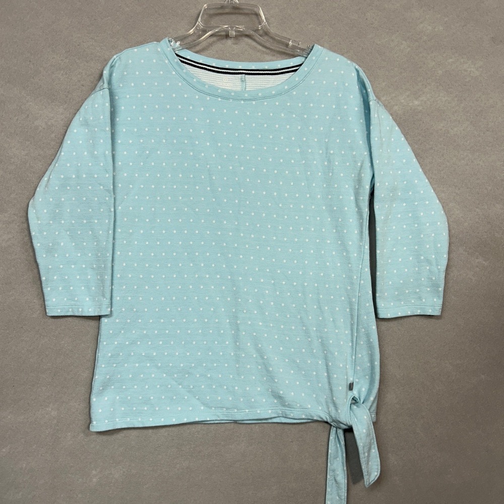 T by Talbots Top Women's M Polka Dot 3/4 Sleeve Tie Hem Blue Preppy Old Money